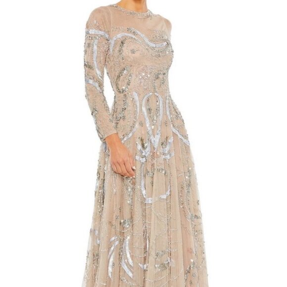 Mac Duggal Nude Long Sleeve Embellished Illusion Evening Gown